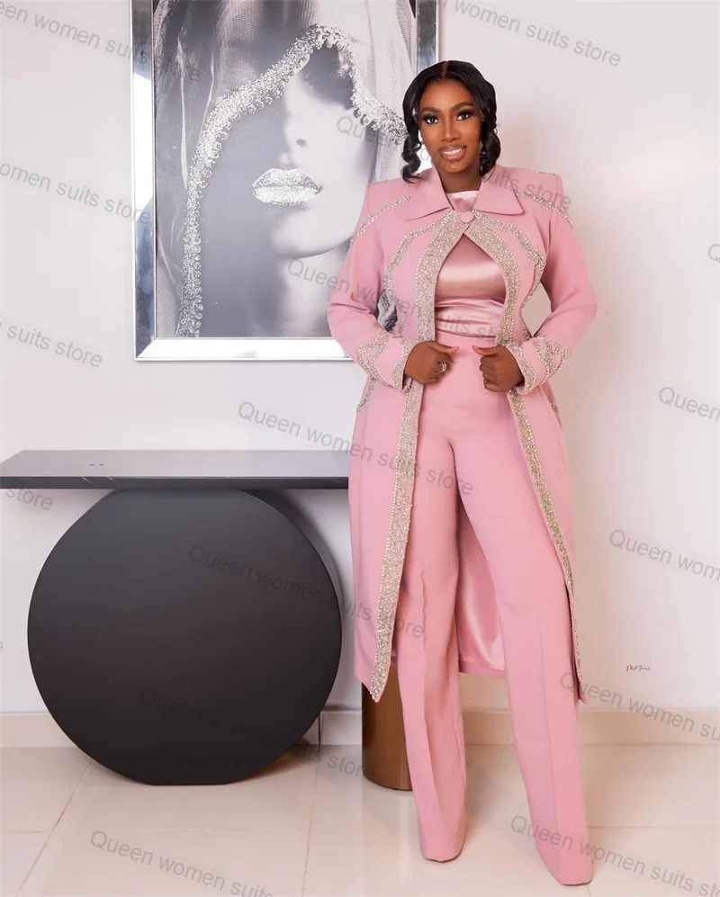 Pink Women Suit Pants Set 2 Piece Long Blazer+Trousers Crystals Autumn Formal Office Lady Jacket Coat Wedding Tuxedo Custom Made