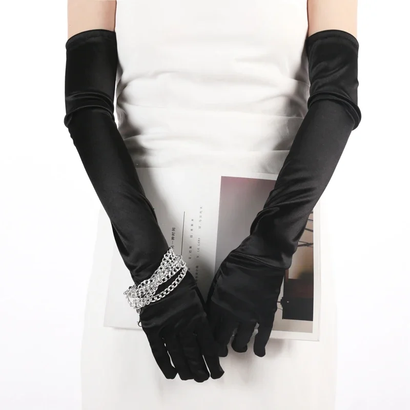 

Women Mittens Long Solid Satin Soft Black Dopamine Ceremonial Gloves Drive Ride Dance Performance Sunscreen Cosplay Elasticity