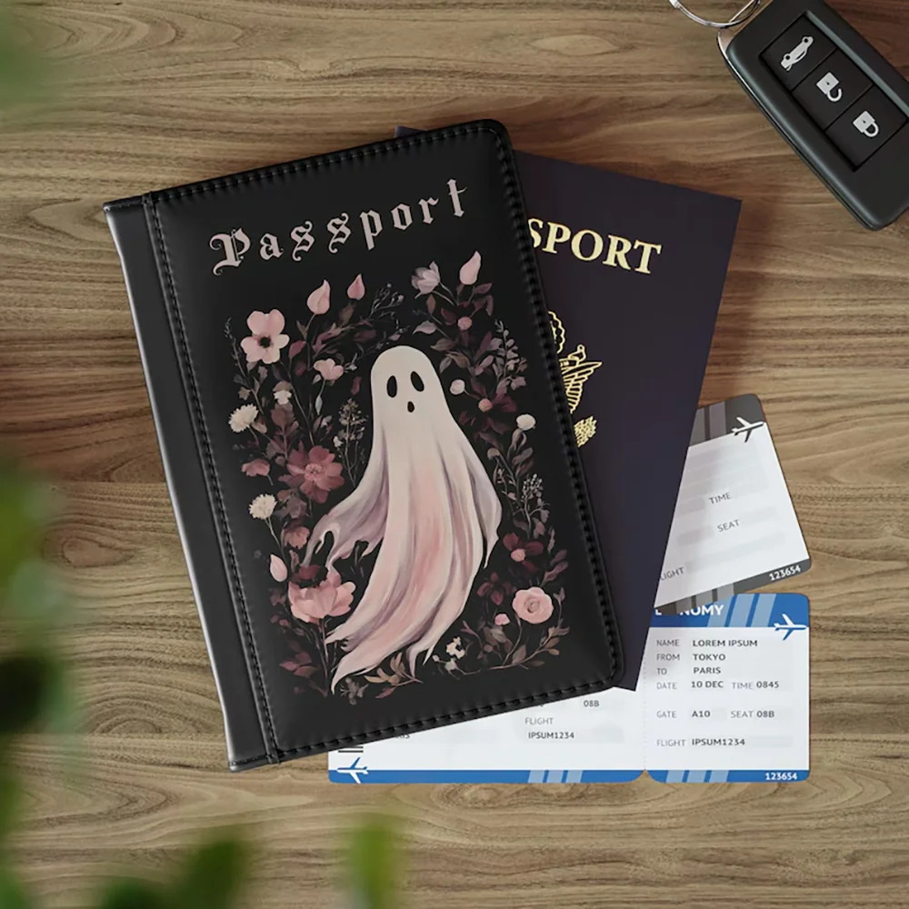 

Halloween Ghost Pink Burgundy Floral Wallet Holder Gothic Passport Cover Creative Gift for The Spooky Season Travel Accessory