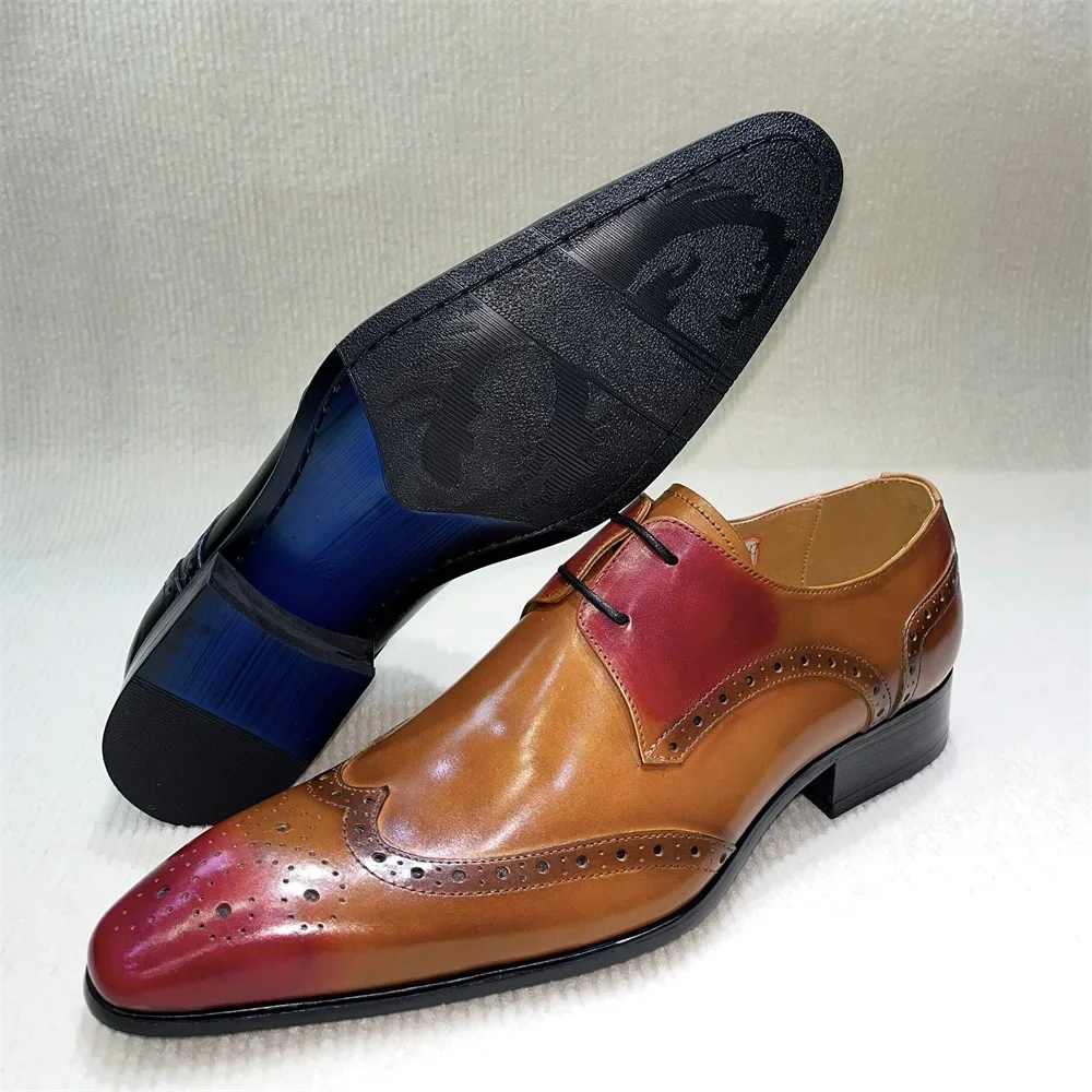 Brown Genuine Leather Brogue Shoes Handmade Casual Oxfords Breathable Lace-Up Dress Shoes Spring Autumn Fashion Size 39-46