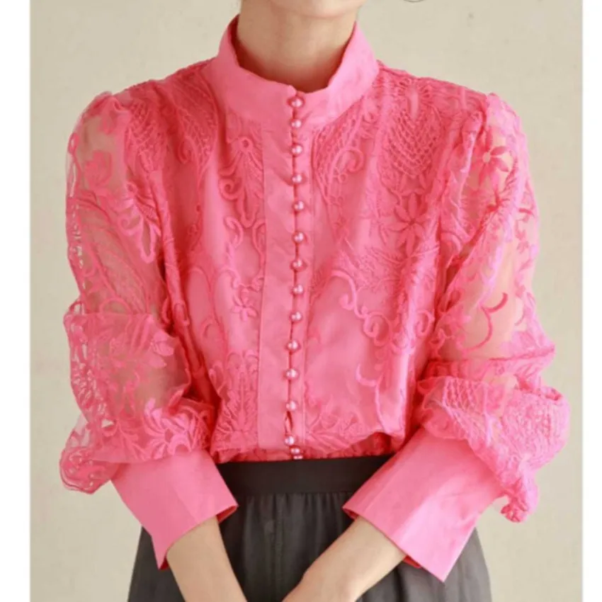 French Elegant Autumn Winter Lace Embroidery Blouses Tops Women Single Breasted Lantern Sleeve Black Female Sexy Shirt Mujer