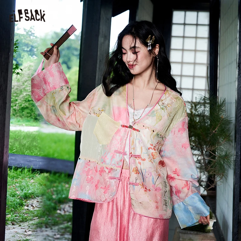 

ELFSACK Floral Print Patchwork Open Jacket, Frog Button Lightweight Blazer, Gothic Casual Short Cardigan for Women