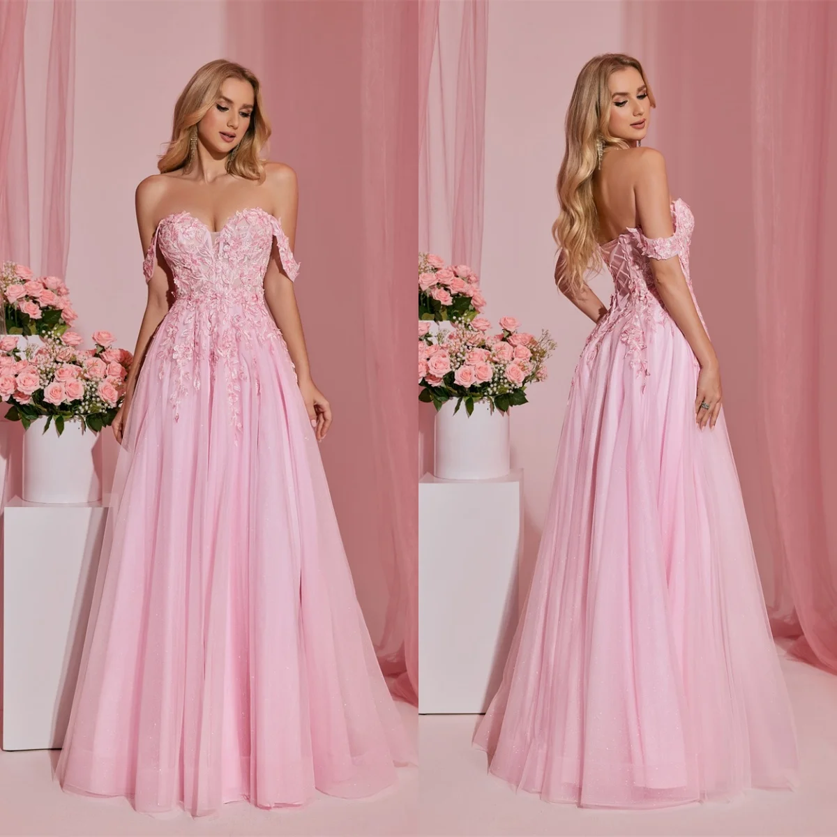 

Customized High Quality pink Tulle Celebrity Gowns Elegant Sweetheart Off the Shoulder Appliques Lace Up Back Vestido De Festa