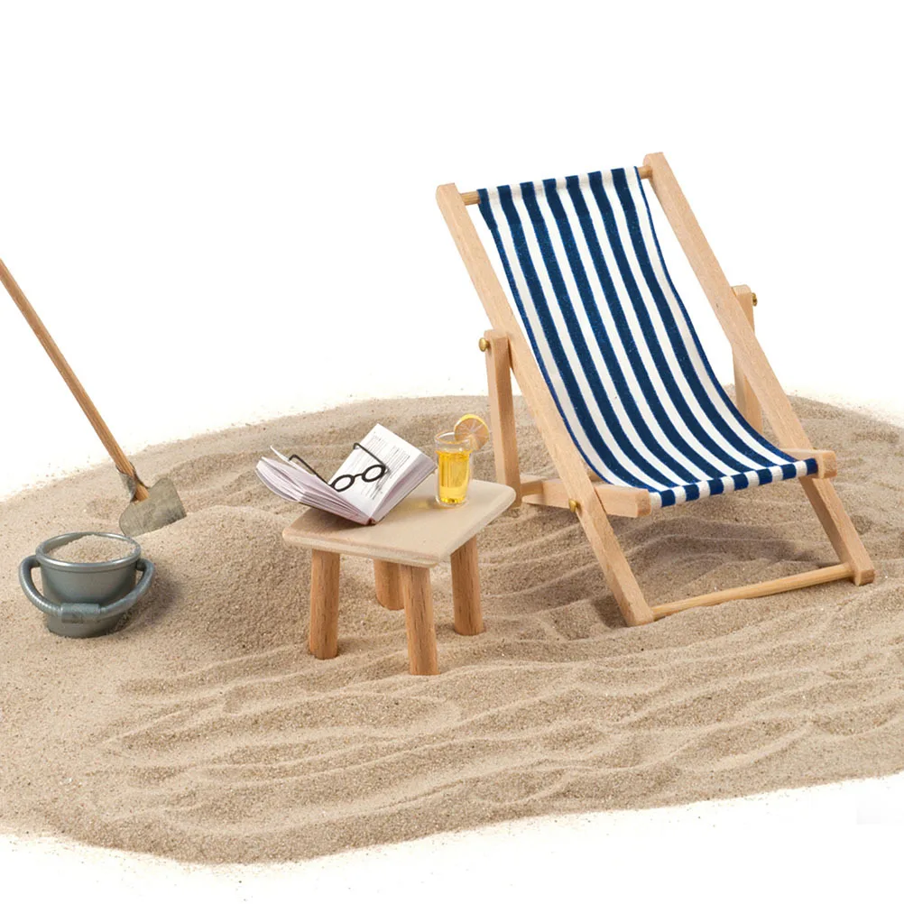 2Pcs Miniature Beach Chairs Foldable Wood Cloth Striped Design Wear-Resistant Lightweight Mini House Decoration Birthday Gifts