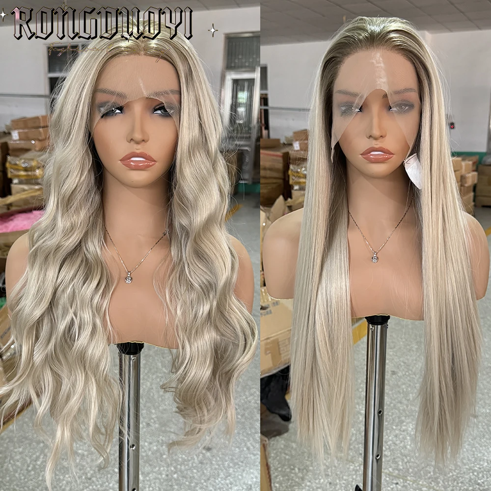 

Ombre Blonde Wig Синтетические кружевные фронтальные парики Натуральные глубокие волнистые волосы Длинные прямые парики для косплея для женщин Кружевной светлый парик фронтальный