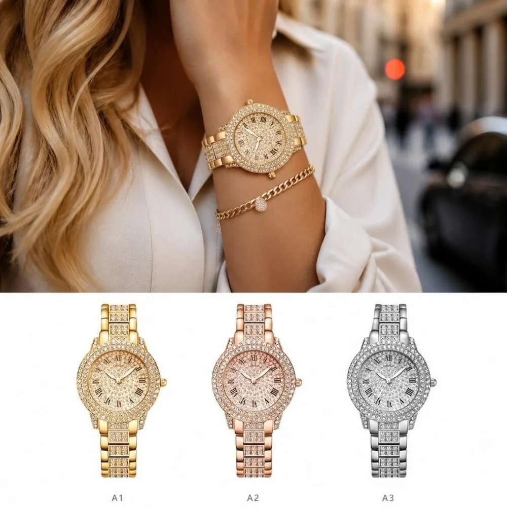 Fashion Stainless Steel Band Wrist Watch Rhinestone Dial Full Diamond Bling Bracelet Watch Quartz Wristwatch Women