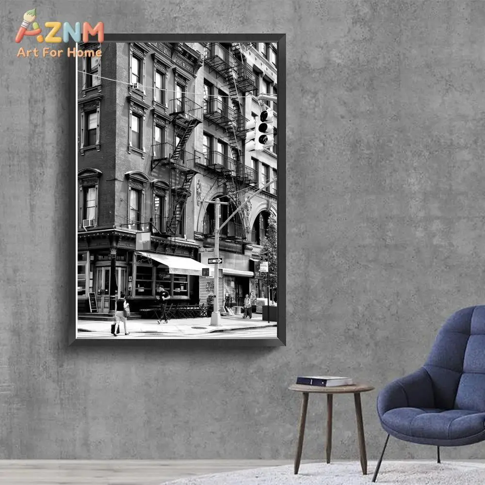 AZNM Black White Urban Building Boxing Glove Camera Canvas Poster, Frameless Vintage City Scenery Wall Art For Industrial Style