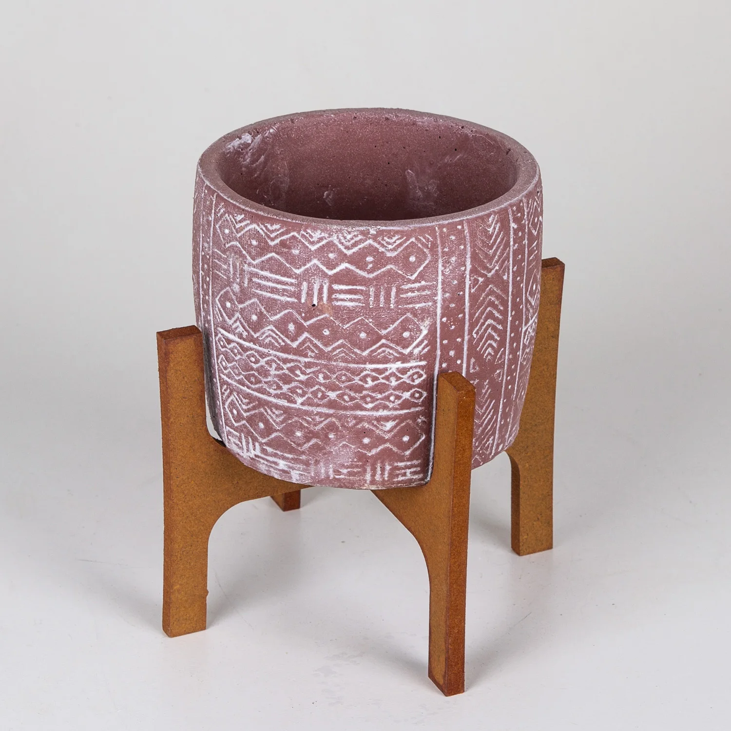 Ethnic patterned burgundy concrete flower pot 14x20 Cm