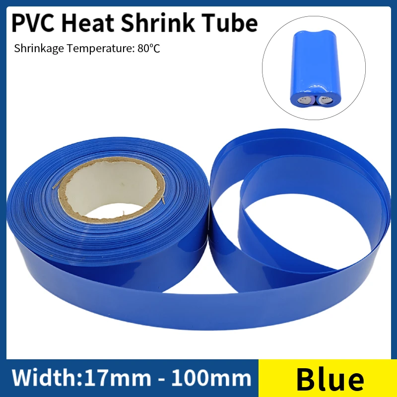 1/5/20M 18650 Lipo Battery PVC Heat Shrink Tube Pack 17mm ~ 100mm Insulated Film Wrap Lithium Case Protection Cable Sleeve Blue