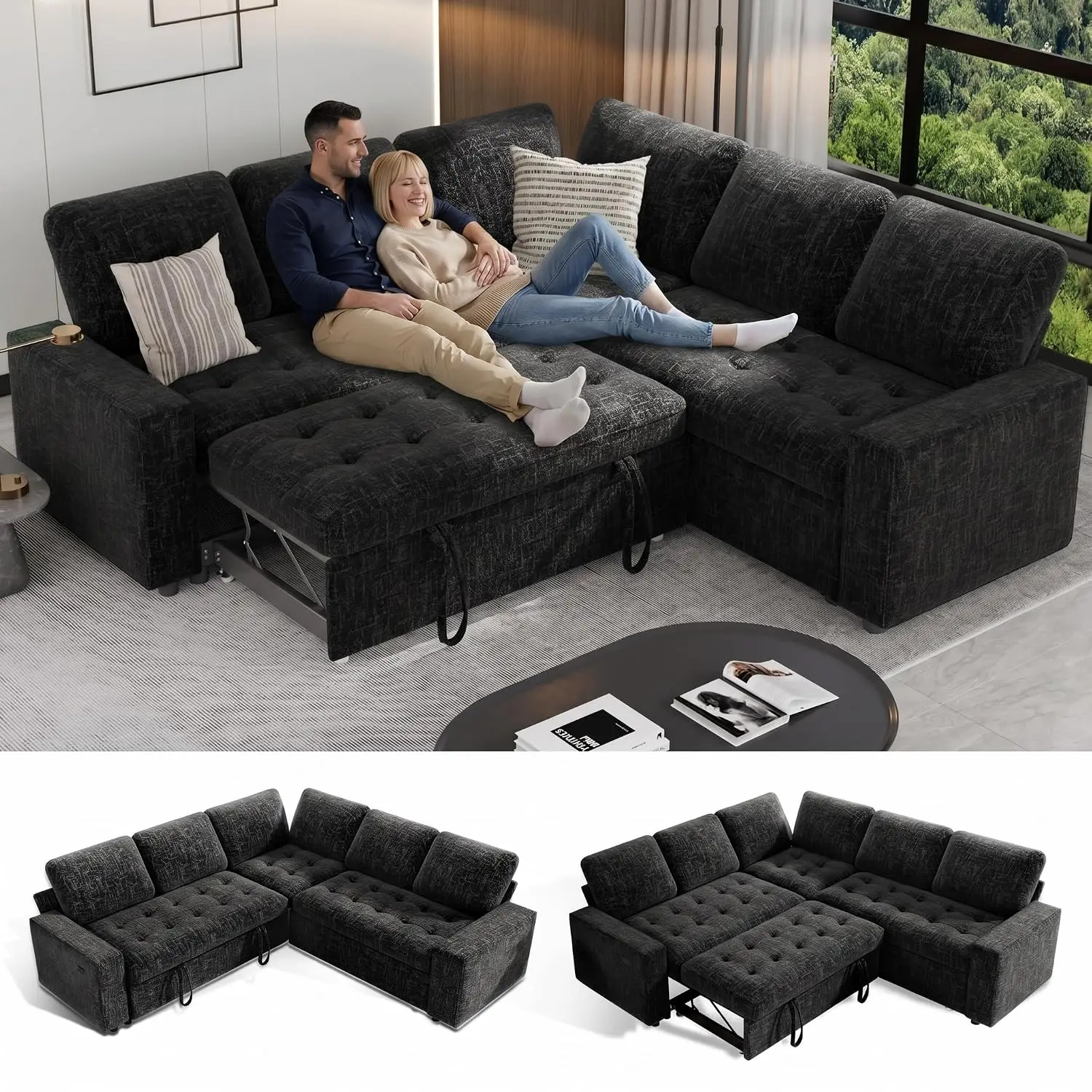 Modular Sectional Sleeper Sofa with Pull Out Bed, Chenille L Shape with USB Ports & Adjustable Backrest & Storage Seats, Tool-Fr
