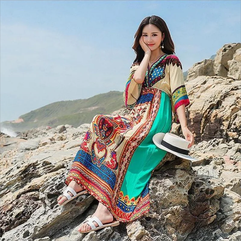 Estate nuova 2025 donna stampa floreale manica a pipistrello spiaggia bohemien maxi abito da donna scollo a V abiti boho estivi