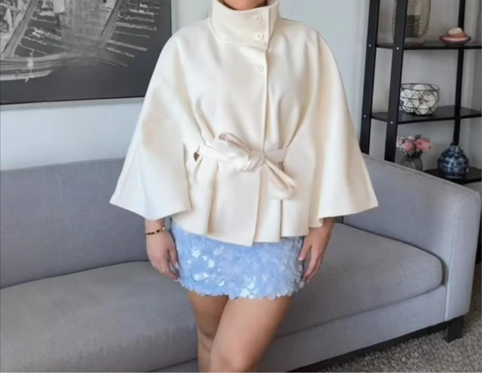 Popular Women's Fashion Loose Stand Collar Bathrobe style Coat with Belt and Coat - In Stock