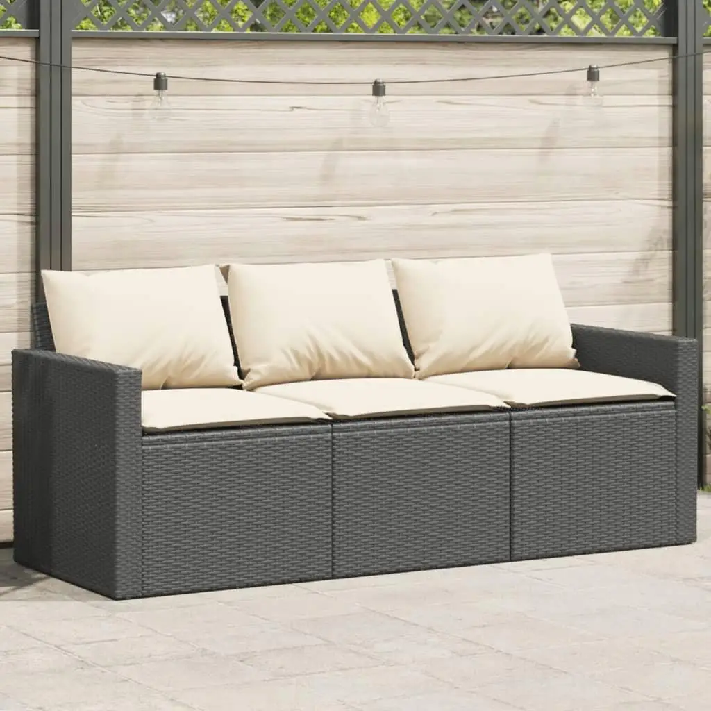 3-Seater Black Poly Rattan Patio Sofa with Cushions - Stylish Outdoor Furniture