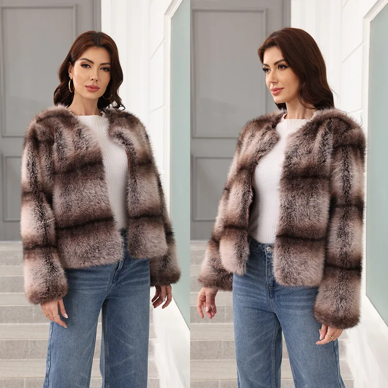 Luxury High Street Stripe Fur Coat Women Autumn Winter Faux Fur Jacket Warm Thick Short Tops O-neck Long Sleeve Cardigan Design
