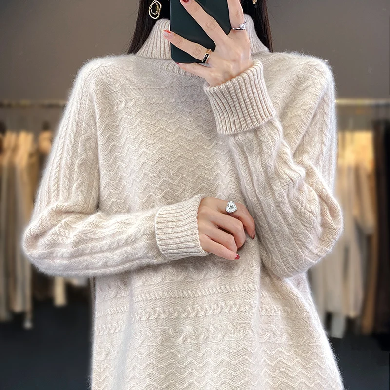 Casual High Neck Cashmere Knitted Cardigan Women\'s Long Sleeve Sweater Autumn and Winter 23 New Women\'s 100  Pure Wool Pullover