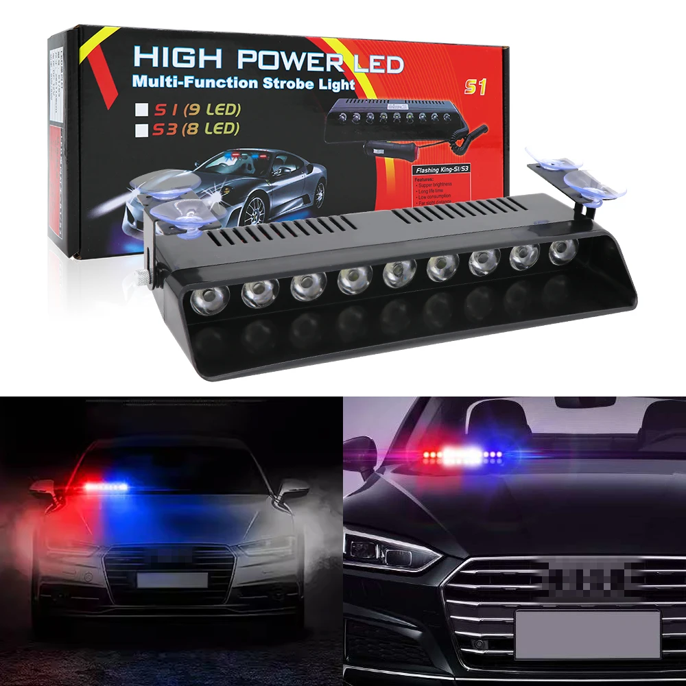 Car S1 9LED Strobe Sucker Warning Lights Flashlights Emergency Red Blue Yellow White Signal Lamp Dashboard Safety Indicator 12V