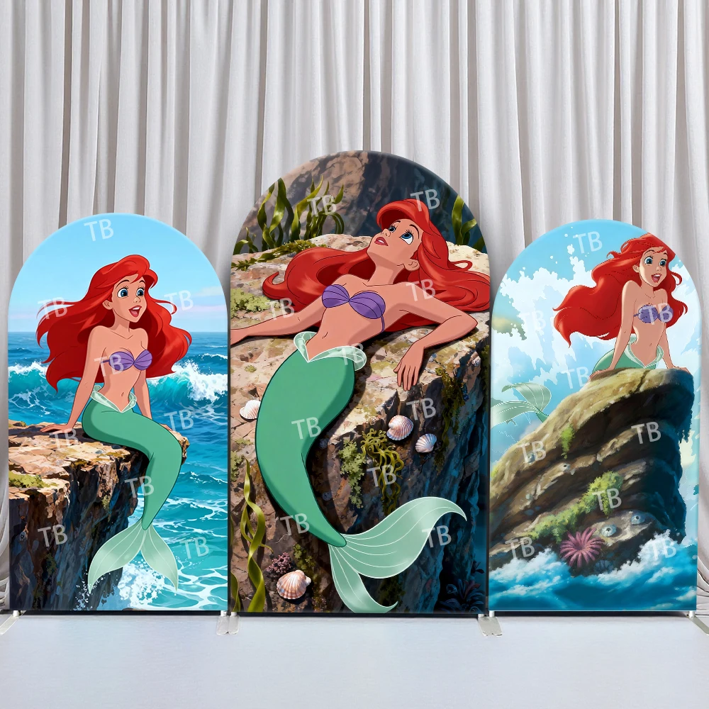 

Disney Little Mermaid Arch Backdrop Cover Birthday and Baby Shower Seaside Cliff Seashell Theme Kids Party Photo Booth Decor