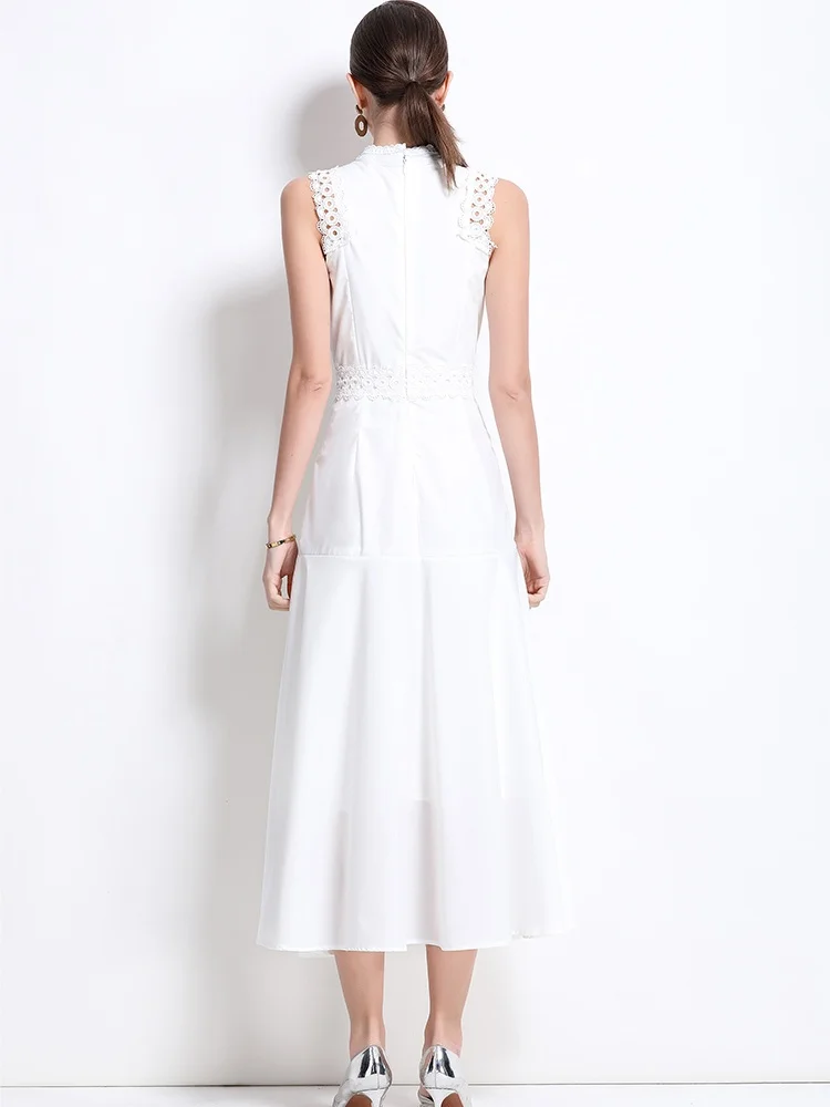 SMTHMA New Fashion European Lace Hollow Out Design Runway Dress Women's Sleeveless Stand Collar Slim Waist Long Dress Vestidos