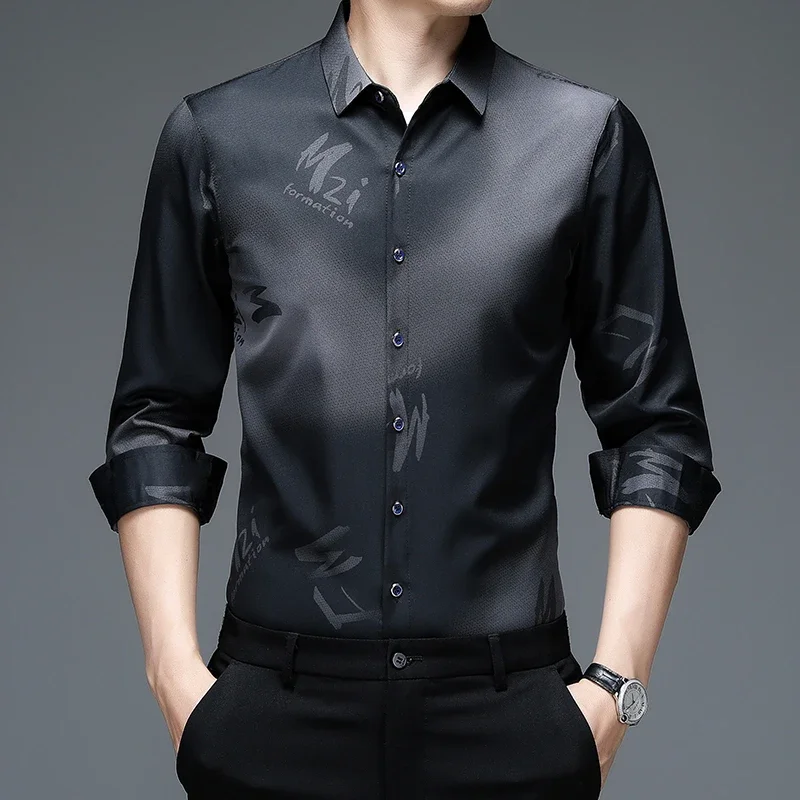 

New Men's Casual Printed Long Sleeved Lapel Shirt for Spring and Autumn Fashion Comfortable Wrinkle Free Top Without Ironing