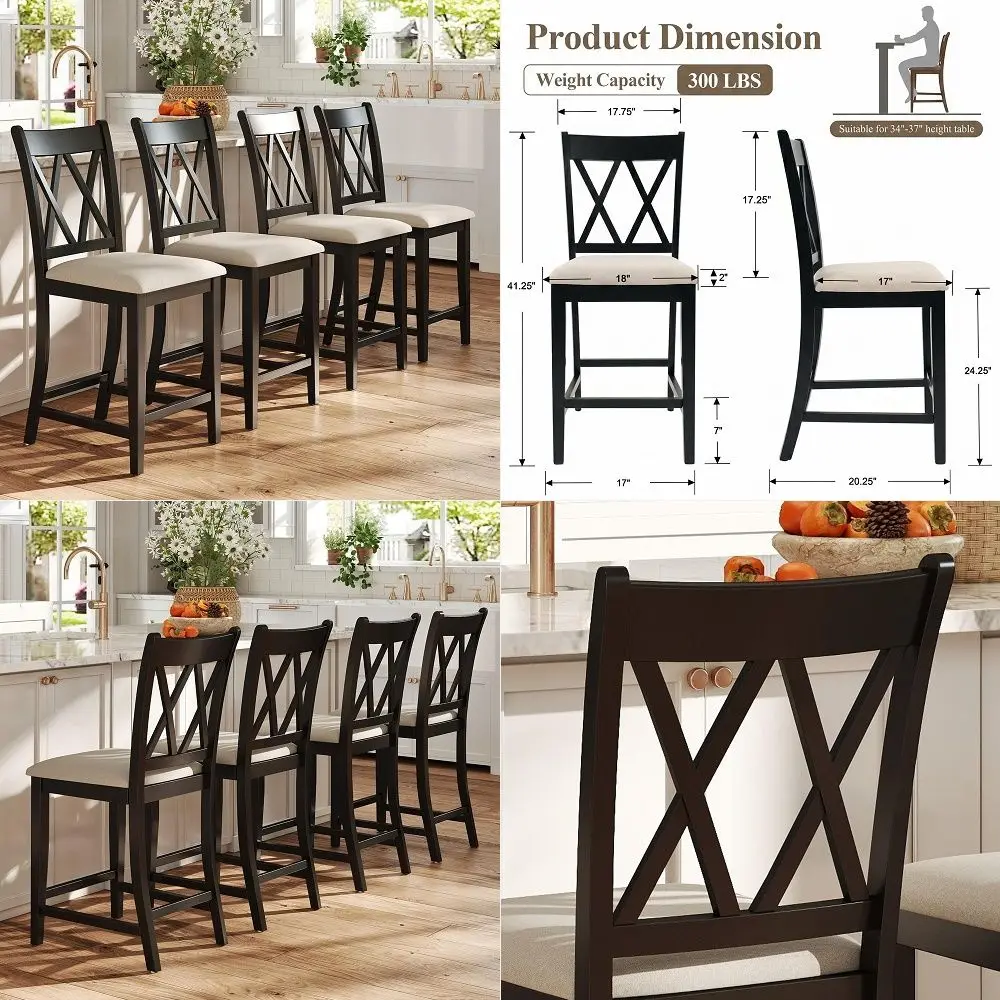 

Bar Stools Set of 4 Farmhouse Counter Height Bar Stools with DoubleX Back Upholstered Counter Barstools Barchair for Kitchen Is