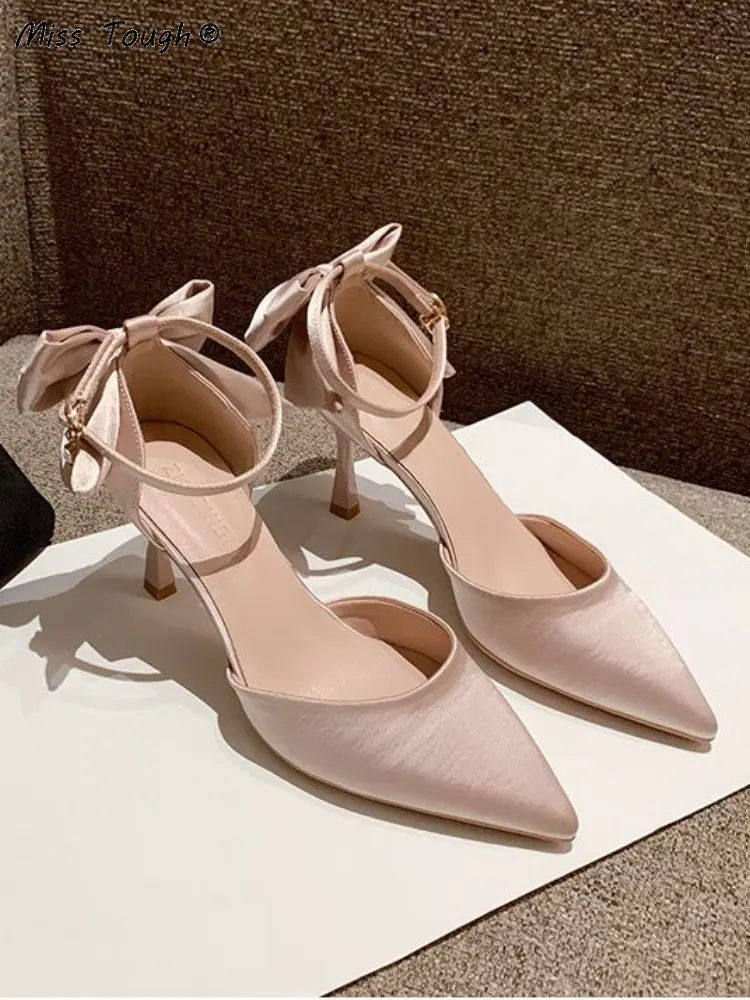 Fairy Elegant High Heels Lady Satin Bow Casual Korean Style Shoes Party Design French Style Bridal Pumps Women Summer 2022 New