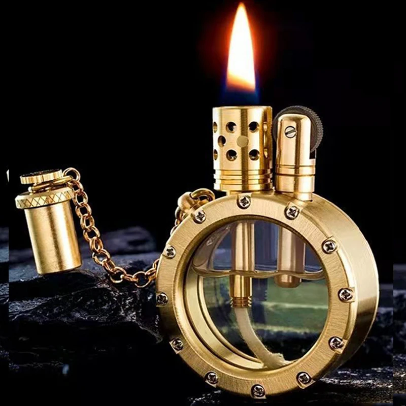 Handmade Pure Copper Lighter Quartz Visible Transparent Oil Tank Lighters Portable Round Collection Gift for Man
