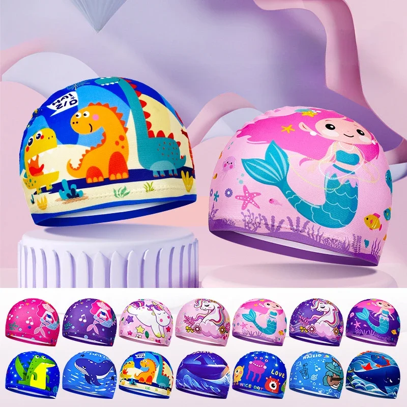 Children Swimming Caps for Boys Girls Cute Cartoon Swim Caps High Elastic Soft Kids Printed Swim Caps Swimming Pool Accessories