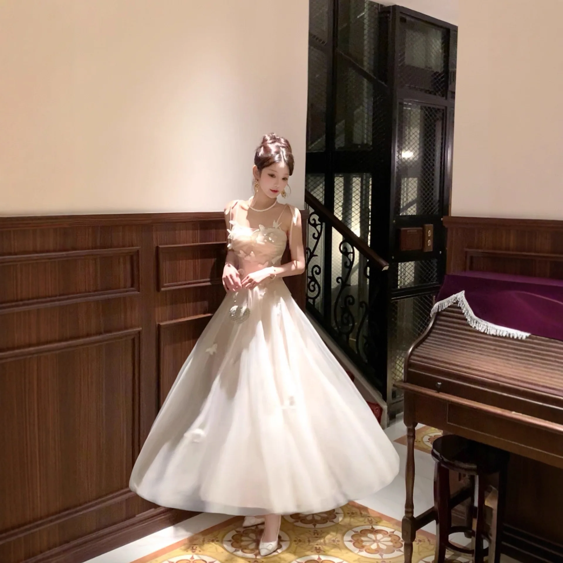 French Style Three-Dimensional Tulle Suspender Dress for Women 2026 New Elegant Graceful Banquet Engagement Senior Dress