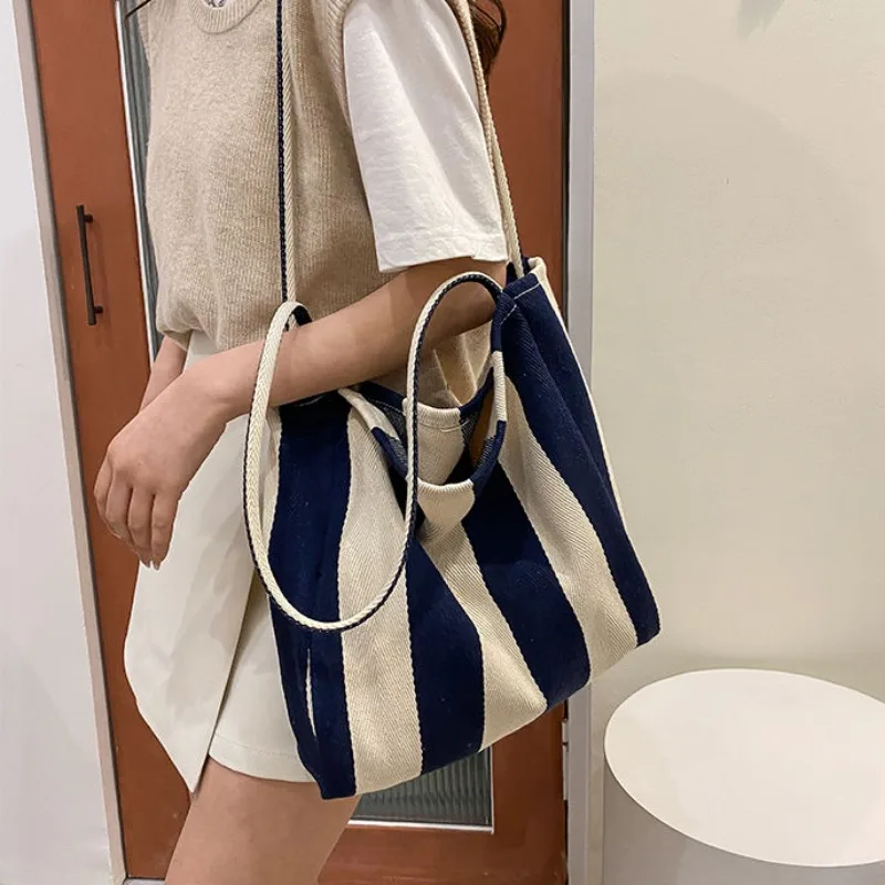 Shoulder Bags for Women Fashion Canvas Bag Striped Shopping Large Capacity Handbags Vintage Elegant Underarm All-match Mujer