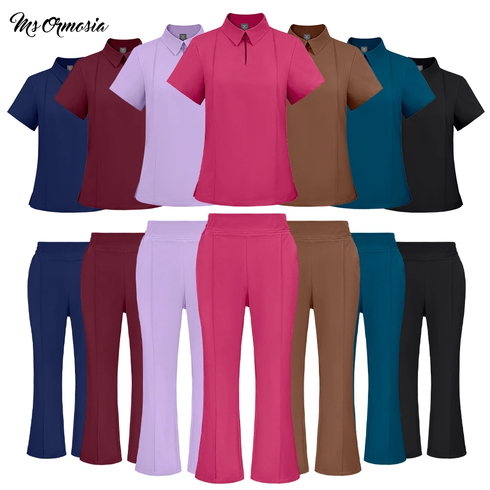 Medical Nurse Scrubs Set Women Short Sleeve Stretch Top Elastic Waist Pants Hospital Doctor Beauty Salon Pet Clinic Work Uniform