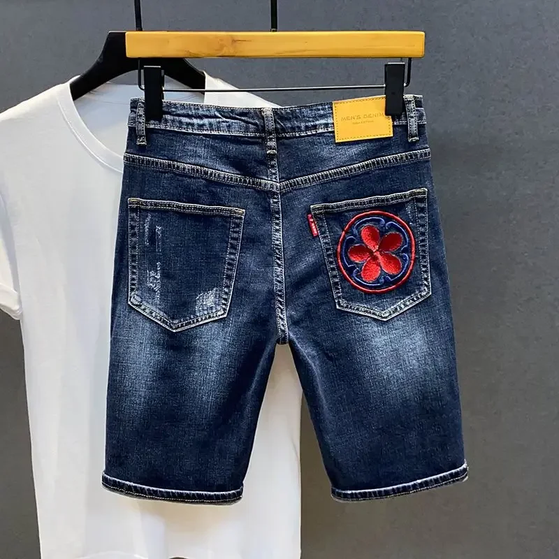 

With Pockets Half Men's Short Jeans Pants Male Denim Shorts Skinny Slim Long Bermuda Sale Y2k Fashion Stretchable Wih Zipper Cut