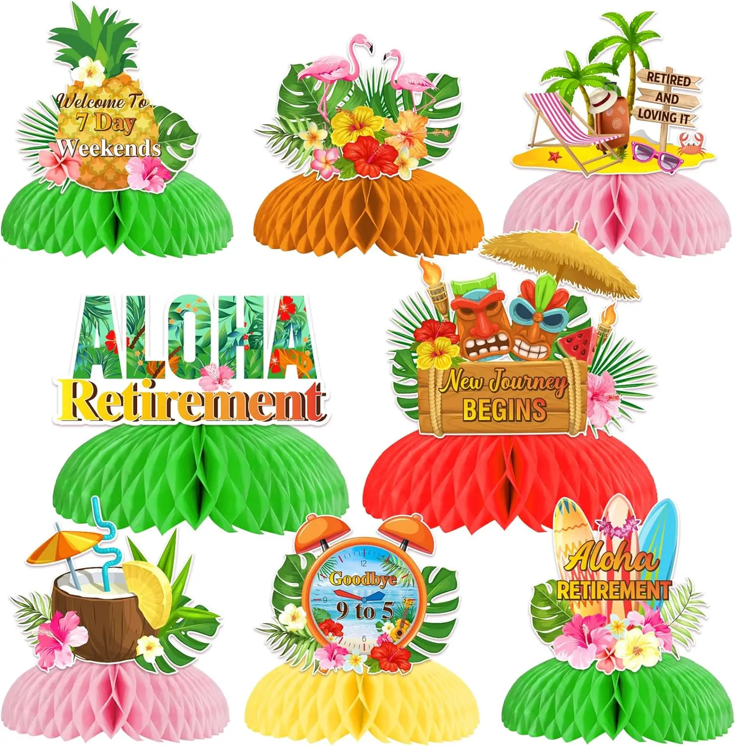 

Aloha Retirement Party Decor Tropical Honeycomb Centerpieces Flamingo Tropical Hawaiian Luau Happy Retirement Farewell Party