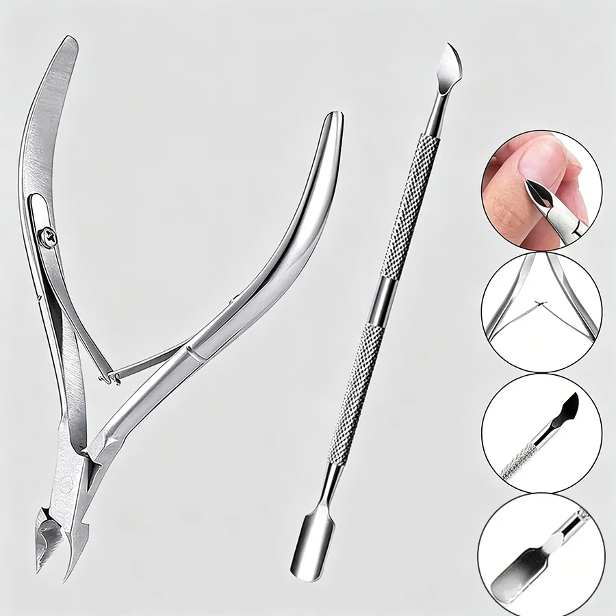 2 Pcs Nail Cuticle Scissors Stainless Steel Push Tool Set Featuring Sharp Chin And Elastic Spring Design Nail Cuticle Remover