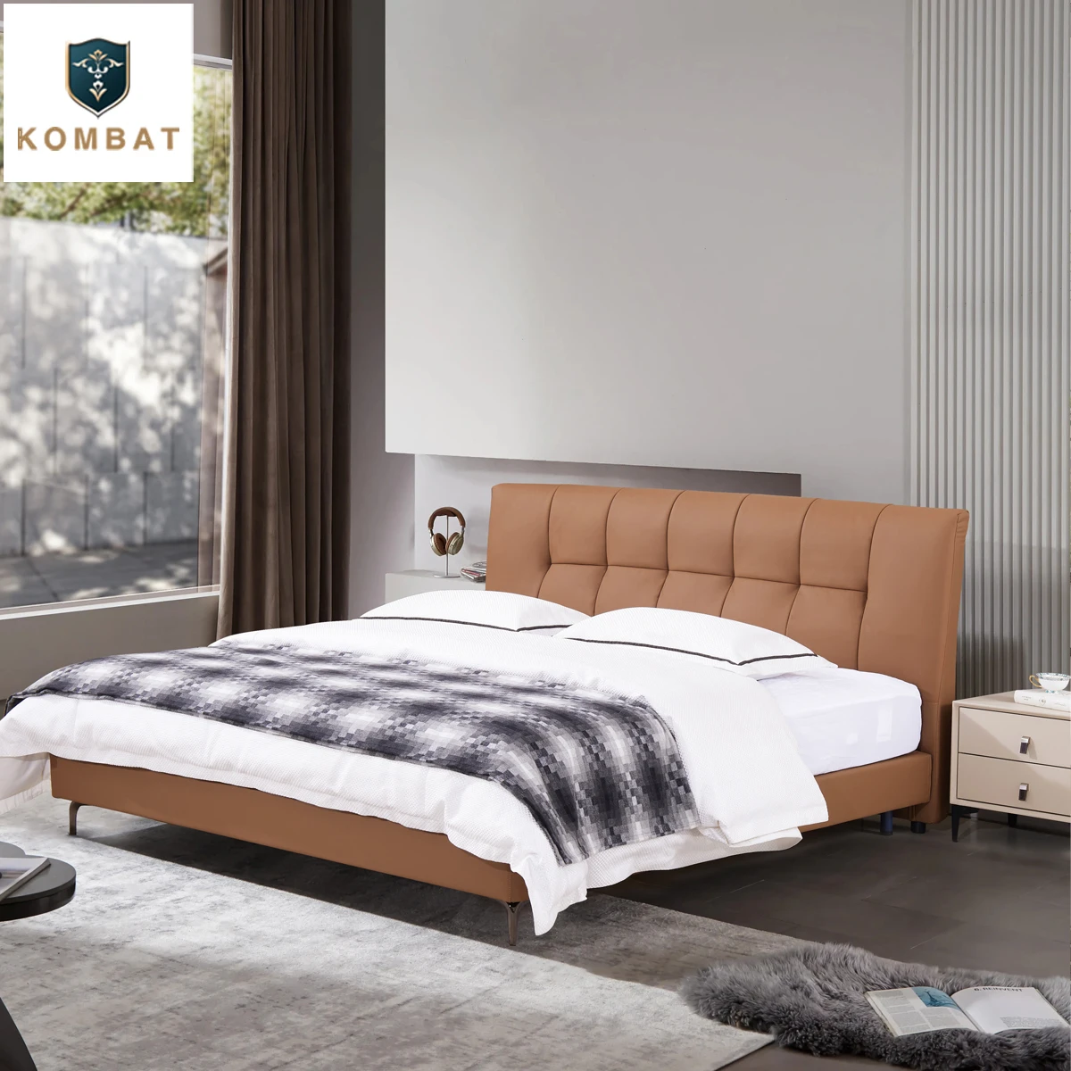 

KOMBAT modern italian minimalist double bed king size bed frame luxury real leather princess bedroom furniture sets