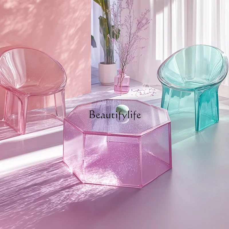 

03.Customized Nordic light luxury dream color macaron coffee table villa living room irregular special-shaped corner few chairs