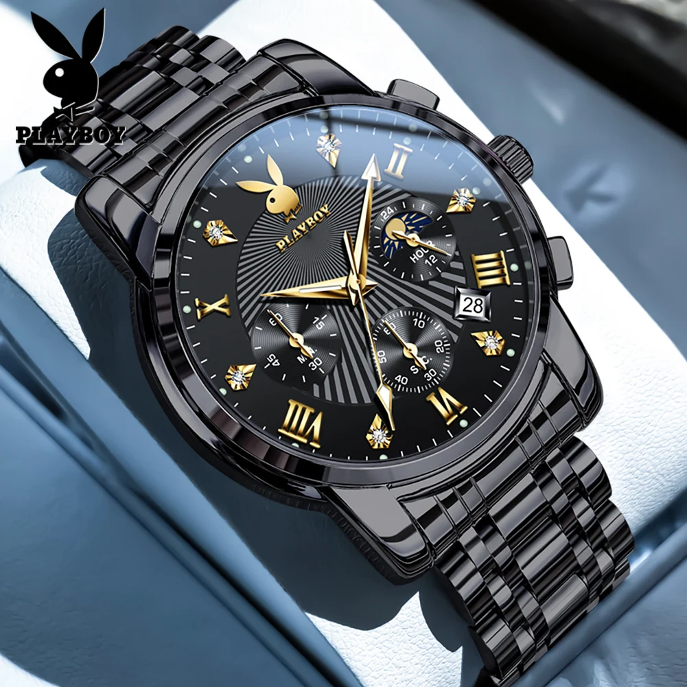 

Мужские часы PLAYBOY 3066 Luxury Original, кварцевые, с функцией отображения фаз луны, водонепроницаемые, с люминесцентными стрелками, большой циферблат.