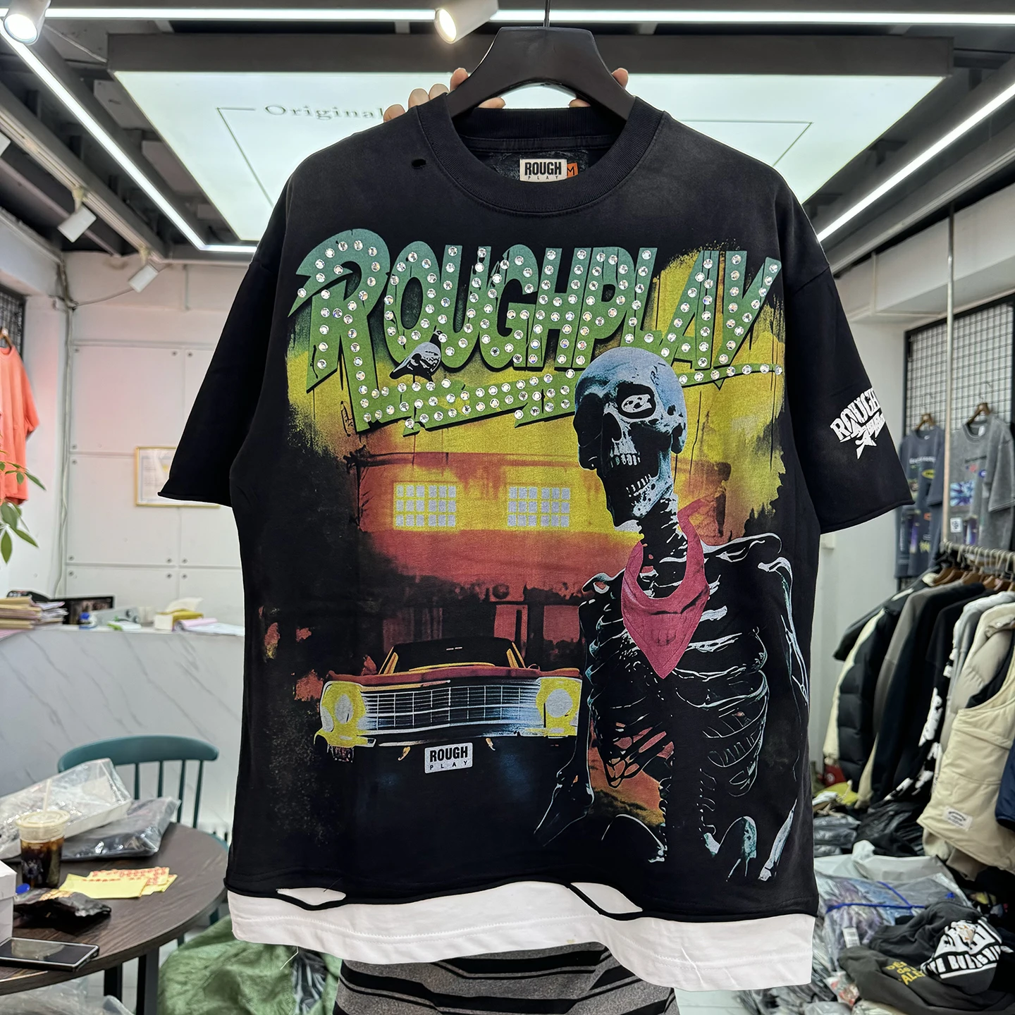 RoughPlay Street Style Patchwork Skull Graphic Men's T-Shirt Loose Fit Short Sleeve Cotton Breathable Shoulder Pad round Neck