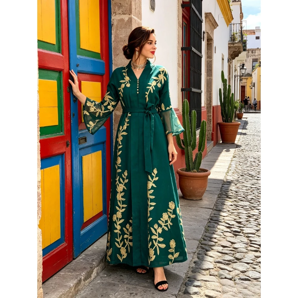 Customized Green Floral and Waistband Long Dress 2026 V-neck A-line Pleated Elegant Muslim Evening Gown Suitable for Dinners