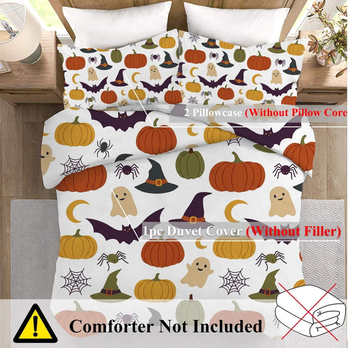 3 Pieces Duvet Cover Set Soft Halloween Pumpkin Ghost Witch Hat Bat Spider Bedroom Home Decor Autumn Halloween Holiday Gift