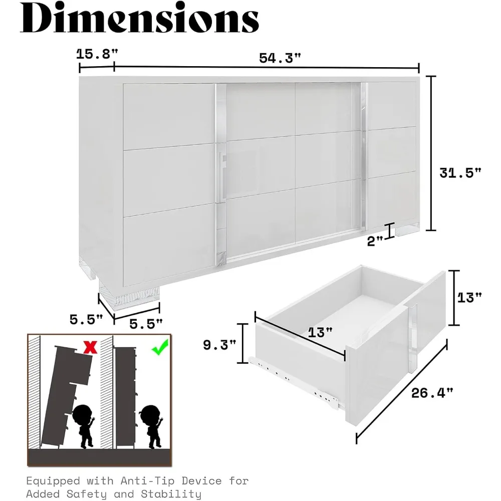 54" W High Gloss 6 Drawers Dressers with Silver Grooved Handles, Modern Storage Chest of Drawers with Wide Tabletop, White