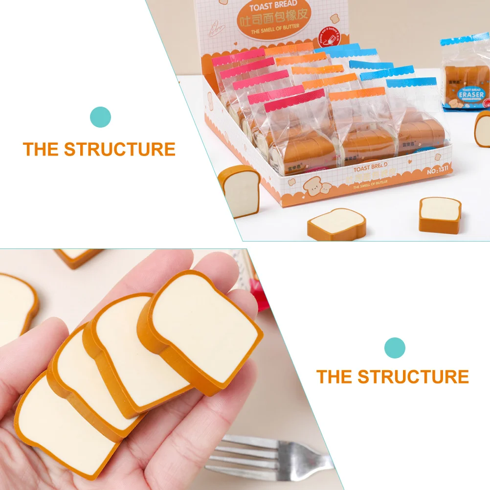 

12Pcs Adorable Pencil Erasers Toast Bread Style Materials Easy Carry School Essentials for Children Bright