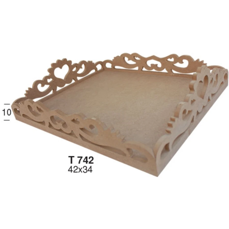 T742 heart tray with 7mm embroidered tray, unpainted Mdf raw wood tray