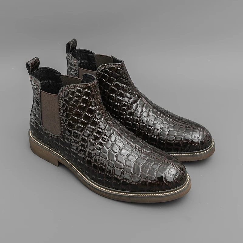 

Autumn Winter Men's Dress Boots Woven Embossed Leather Chelsea Ankle Boots Business Casual Slip On Comfortable High Top Shoes