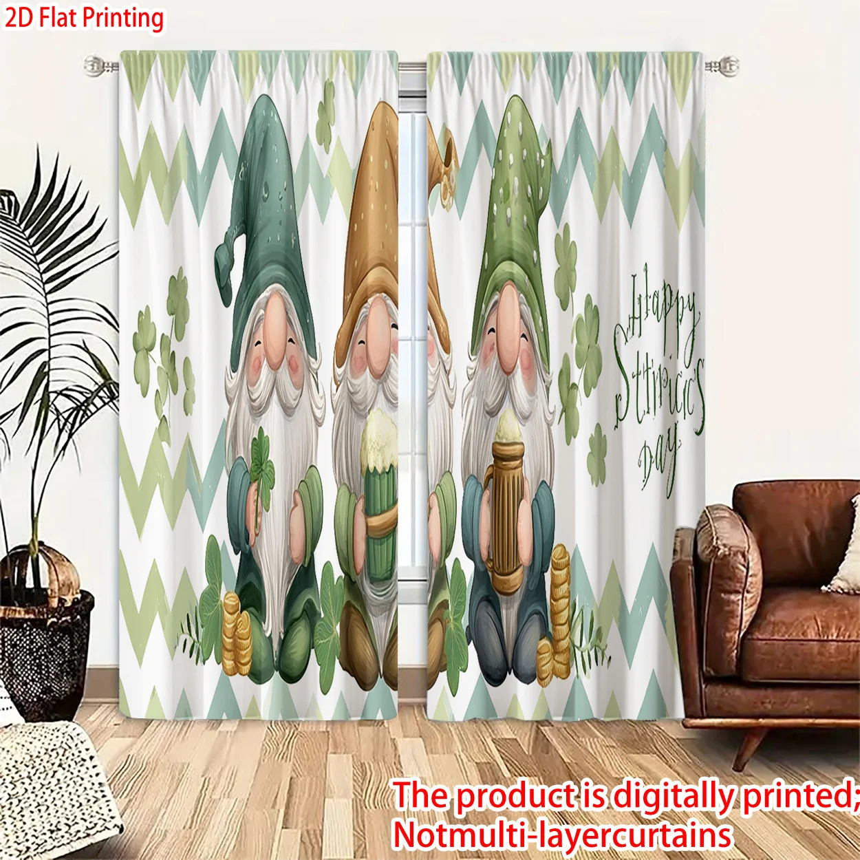Green Gnome Curtain, Happy Birthday Chevron Window Drape, Cute Party Blackout Panel, Kids Room Celebration Decor