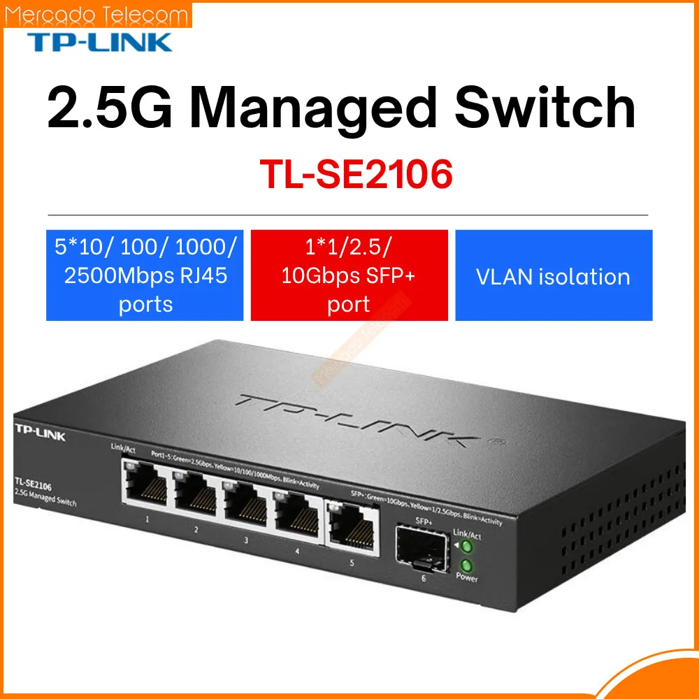 TP-LINK TL-SE2106 2.5G Management Switch, 5 Ports 2.5G+1 Port SFP+, 5*10/100/1000/2500Mbps RJ45, 1*10Gbps SFP+, VLAN Division