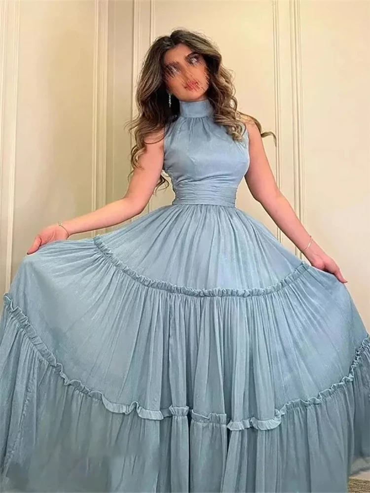 Light Blue Halter High collar Evening Dresses Tiered Pleat Sleeveless Women Formal Party Prom Dresses Customized