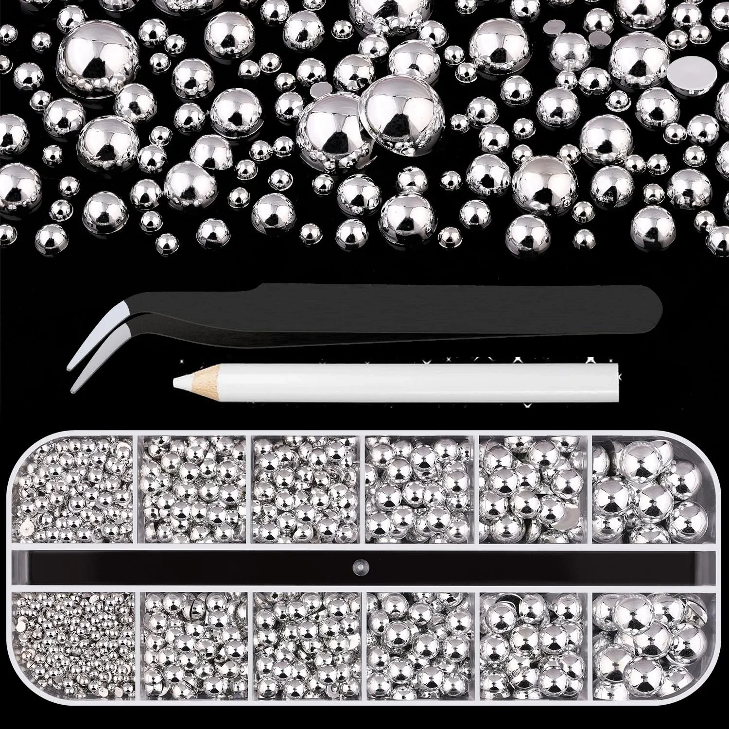 12 شبكة لامعة الفضة نصف جولة المعادن الكافيار حبة مسمار المسامير السحر 2/3/4/5/6/8 مللي متر كرات اللؤلؤ المسطحة مسمار الفن ترصيع Y2k ديكورا #5