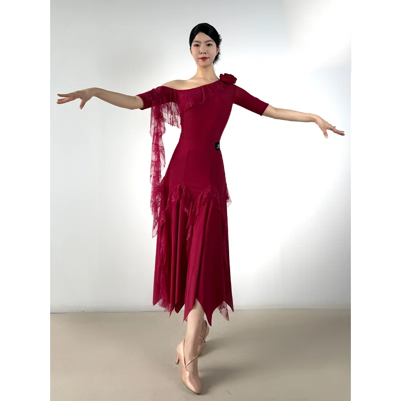 

2026 New Women Slant Shoulder Top Irregular Skirt Split Suit Waltz Ballroom Dance Dress Modern Clothes Performance Wear DN23633