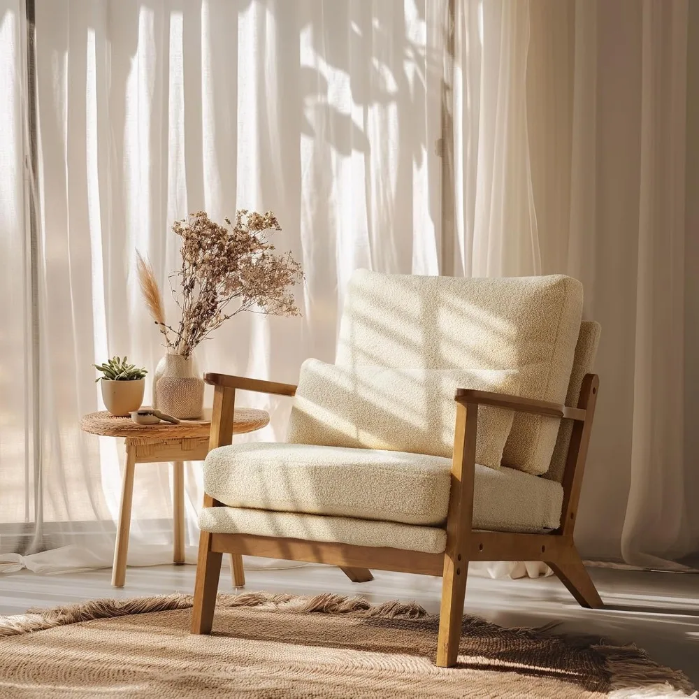 

Solid Wood Wide Armrests Accent Chair,Upholstered Mid Century Modern Chair with Pillow,Comfy Reading Chair Farmhouse Arm Chair,