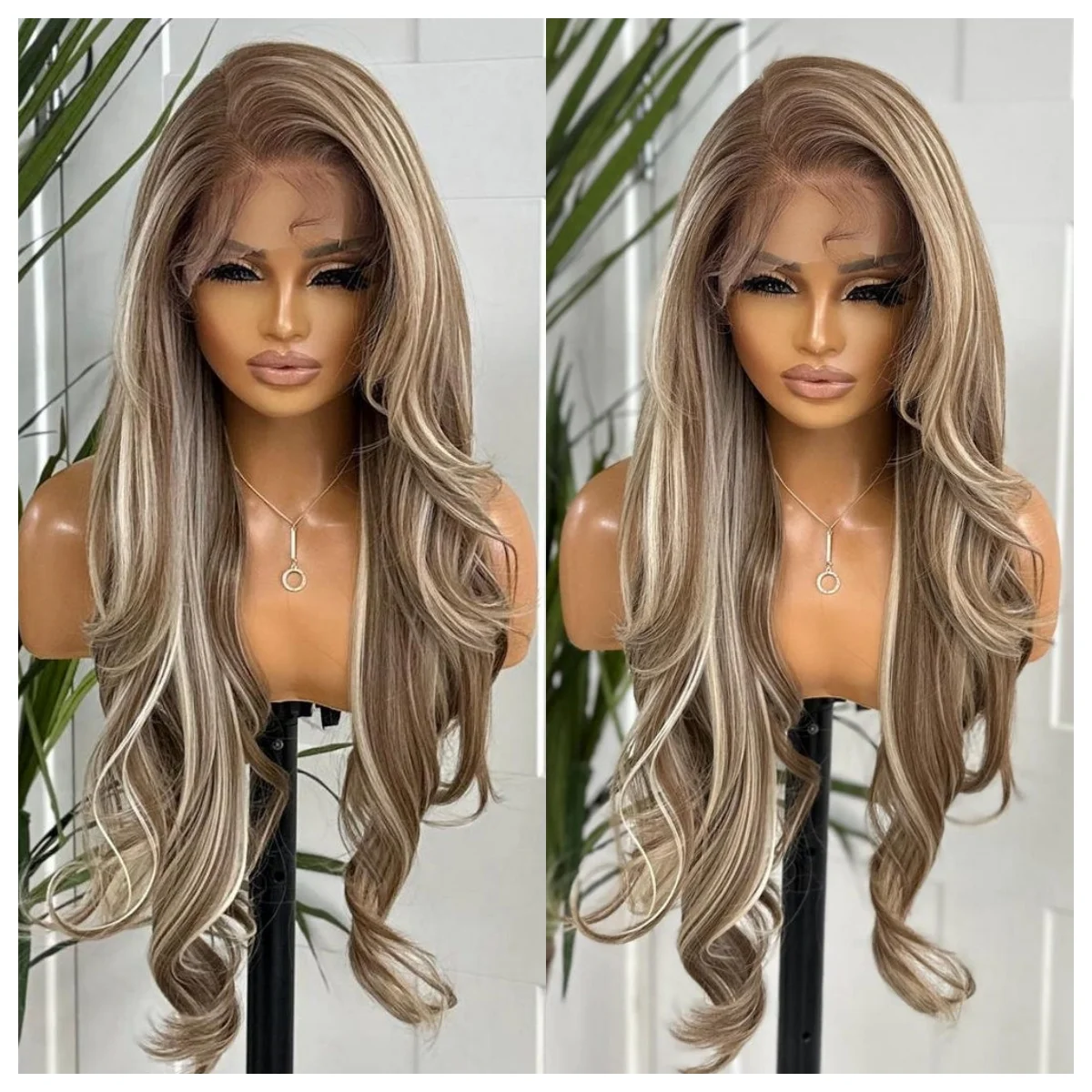 ハイライトオンブレウィッグ ボディウェーブ レースフロントウィッグ 13x4 HDレースウィッグ ブラウンブロンドヘッドバンド付き グルーレスウィッグ 合成レースフロントウィッグ